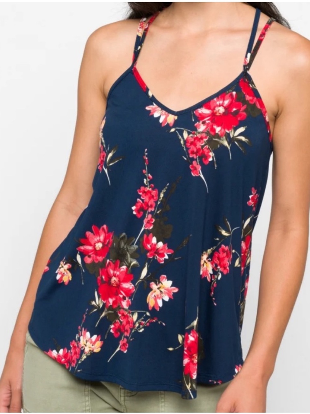 Papermoon Navy Floral V-Neck Cami with Red Blooms XL